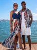 African Printed Matching Couple Outfit Tropical Leaf Ethnic Graphic Hawaiian Set - Bleu profond 