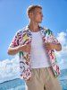 Flower Leaf Painting Print Hawaii Button Pocket Shirt For Men - Pourpre  L