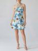 Coconut Tree Flowers Sailboat Sun Print Halter Hawaii Mini Dress - Bleu Ciel L