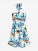Coconut Tree Flowers Sailboat Sun Print Halter Hawaii Mini Dress - Bleu Ciel L