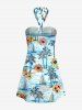 Coconut Tree Flowers Sailboat Sun Print Halter Hawaii Mini Dress - Bleu Ciel L