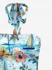 Coconut Tree Flowers Sailboat Sun Print Halter Hawaii Mini Dress - Bleu Ciel L