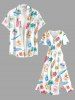 Coconut Tree Sailboat Hibiscus Flower Print Hawaii Split Pocket A Line Midi Dress - Blanc M