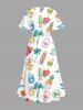Coconut Tree Sailboat Hibiscus Flower Print Hawaii Split Pocket A Line Midi Dress - Blanc M