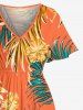 Hibiscus Flowers Tropical Leaf Print Split Hawaii Midi Dress -  