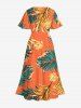 Robe midi fendue à imprimé fleurs d'hibiscus et feuilles tropicales - Hawaï - Orange Foncé 1X