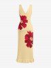 Flower Print Hawaii Ruffles Split Dress -  