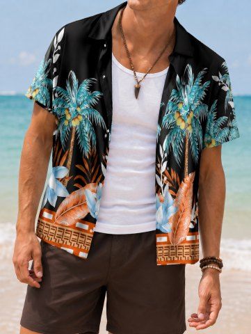 Coconut Tree Flowers Leaf Print Buttons Pocket Hawaii Shirt For Men - BLACK - 2XL