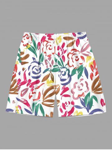 Flower Leaf Painting Print Hawaii Drawstring Beach Shorts For Men - PINK - 7XL