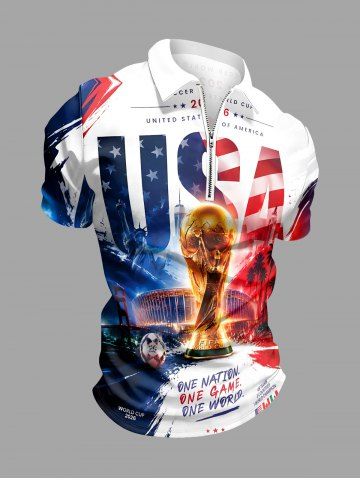 Patriotic American Flag Letters Trophy Print Zipper Polo Shirt For Men - DEEP BLUE - XS