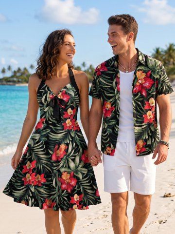 Flowers Tropical Leaf Print Matching Hawaii Beach Outfit For Couples