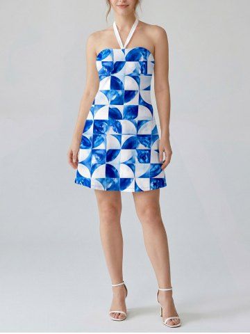 Geometric Tie Dye Print Halter Hawaii Mini Dress - BLUE - XXL