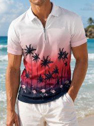 Coconut Tree Flamingo Ombre Print Zipper Polo Hawaii Shirt For Men -  