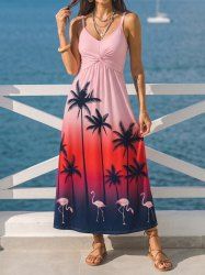 Coconut Tree Flamingo Ombre Print Twist Hawaii Tank Dress - Rouge Rose 1X