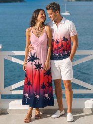 Coconut Tree Flamingo Ombre Print Matching Hawaii Beach Outfit For Couples - Rouge Rose 