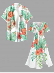 Tropical Leaf Hibiscus Flower Pineapple Print Matching Hawaii Beach Outfit For Couples -  