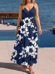 Flowers Leaf Print Surplice Hawaii Cami Dress - Bleu profond 1X
