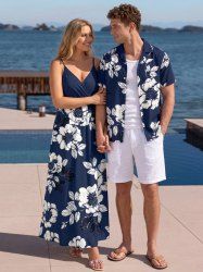 Flowers Leaf Print Matching Hawaii Beach Outfit For Couples - Bleu profond 