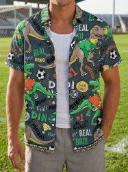Cartoon Dinosaur Football Letters Print Hawaii Button Pocket Shirt For Men -  