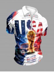 Patriotic American Flag Letters Trophy Print Zipper Polo Shirt For Men -  