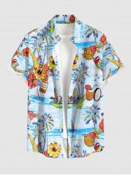 Coconut Tree Pineapple Hibiscus Flower Sea Sailboat Print Hawaii Button Pocket Shirt For Men -  