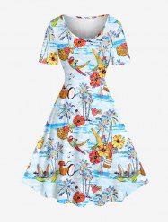 Coconut Tree Pineapple Hibiscus Flower Sea Sailboat Print Hawaii A Line Dress - Bleu clair XXS