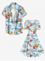 Coconut Tree Pineapple Hibiscus Flower Sea Sailboat Print Matching Hawaii Beach Outfit For Couples -  