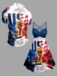 Patriotic American Flag Letters Trophy Print Matching Outfit For Couples -  