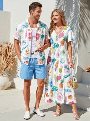 Coconut Tree Sailboat Hibiscus Flower Print Matching Hawaii Beach Outfit For Couples -  