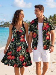 Tenue de plage hawaïenne assortie pour couples avec imprimé feuilles tropicales et fleurs - Vert clair 