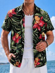 Chemise hawaïenne pour homme à imprimé fleurs et feuilles tropicales, avec poche à bouton - Vert clair 4XL
