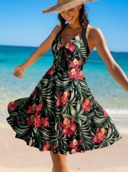 Robe débardeur Hawaii à imprimé fleurs et feuilles tropicales, bretelles croisées et nœud - Vert clair M