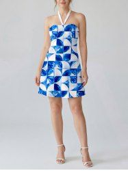 Geometric Tie Dye Print Halter Hawaii Mini Dress -  