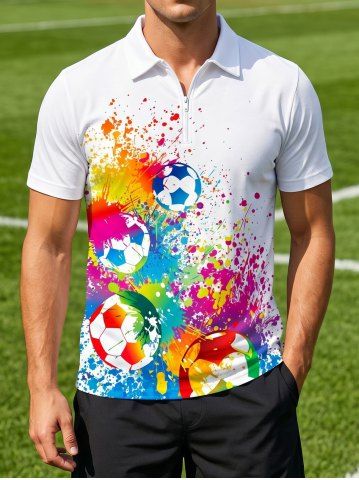 Colorful Painting Splatter Football Print Hawaii Zipper Polo Shirt For Men - WHITE - M
