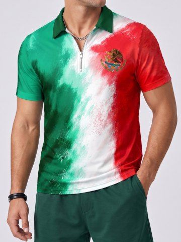 National Flag Color Style Print Football Match Zipper Polo Shirt For Men - EMERALD - XS