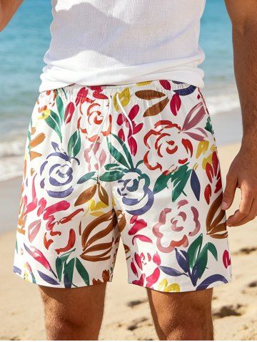 Flower Leaf Painting Print Hawaii Drawstring Beach Shorts For Men - PINK - 3XL