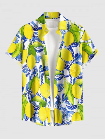 Lemon Leaf Rope Print Buttons Pocket Hawaii Shirt For Men - YELLOW - 5XL