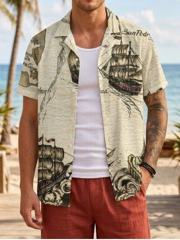 Sailboat Sea Waves Print Hawaii Cruise Button Pocket Shirt For Men - LIGHT COFFEE - 5XL
