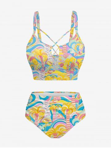 Coconut Tree Sea Waves Bird Print Hawaii Lace Up Tankini Swimsuit (Adjustable Shoulder Strap)