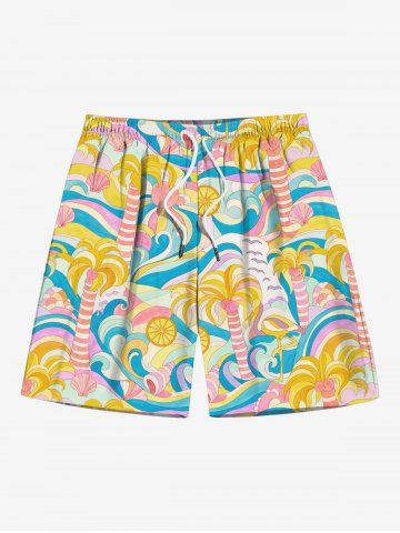 Coconut Tree Sea Waves Bird Print Hawaii Drawstring Beach Shorts For Men - YELLOW - 4XL