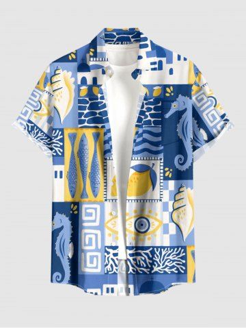 Fish Coral Colorblock Print Hawaii Button Pocket Shirt For Men - BLUE - 4XL