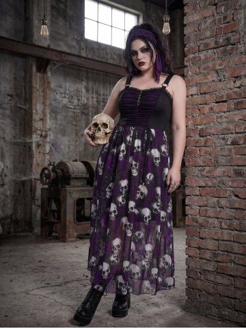 Plus Size Gothic Rose Flower Skulls Print Ruched Ruffles Chain Panel Lace Trim Tank Dress - PURPLE - 1X | US 14-16