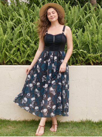 Plus Size Gothic Rose Flower Skulls Print Ruched Ruffles Chain Panel Lace Trim Tank Dress - SLATE BLUE - 5X | US 30-32