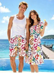 Ensemble de plage hawaïen assorti pour couple avec imprimé peinture de fleurs et feuilles - Rose  