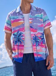 Chemise Hawaï pour homme à imprimé peinture colorée de cocotier, avec poche et boutons - Violet clair XL