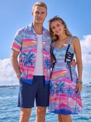 Coconut Tree Colorful Painting Print Matching Hawaii Beach Outfit For Couples -  