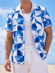 Chemise hawaïenne pour homme à imprimé tie-dye géométrique, avec boutons et poche - Bleu 4XL