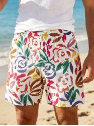 Flower Leaf Painting Print Hawaii Drawstring Beach Shorts For Men -  