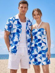 Geometric Tie Dye Print Matching Hawaii Beach Outfit For Couples -  
