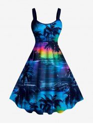 Robe débardeur Hawaï imprimé cocotier, paysage marin et ciel ombré coloré - Bleu profond 1X